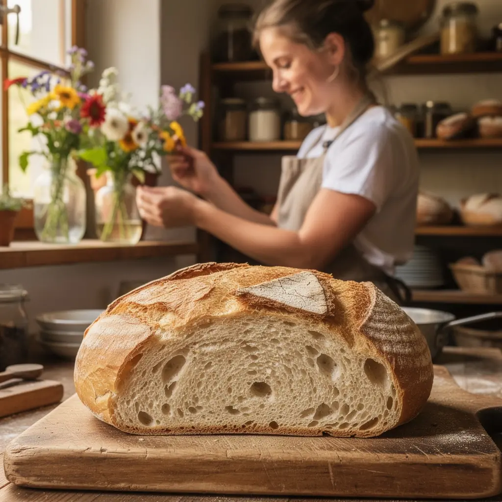 Ein rustikaler Holzofen, in dem verschiedene Brotsorten goldbraun backen.