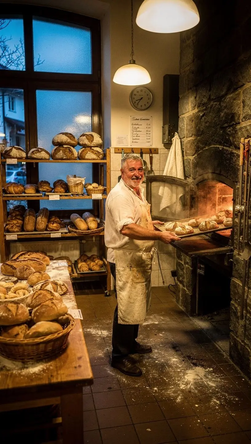 Ein Bäcker, der stolz sein handwerklich gefertigtes Brot in die Kamera hält.