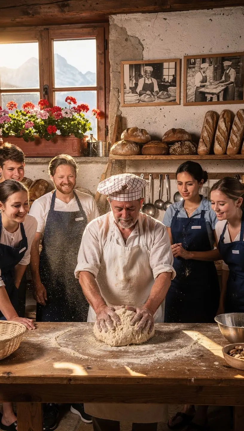 Ein BГ¤cker, der traditionelles Г¶sterreichisches Brot mit einer Holzform formt.