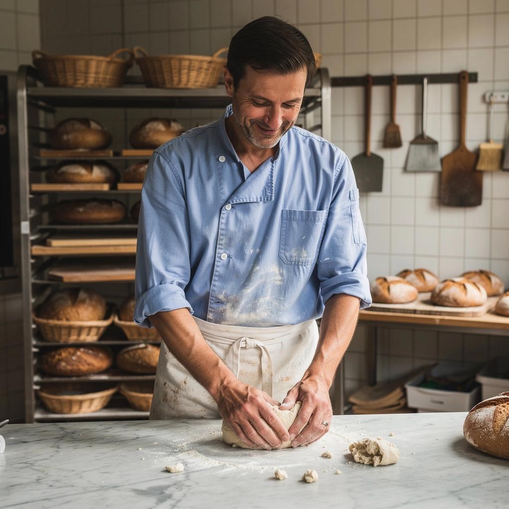 Ein Bäcker, der mit einem Holzschieber Brot aus dem Ofen holt.